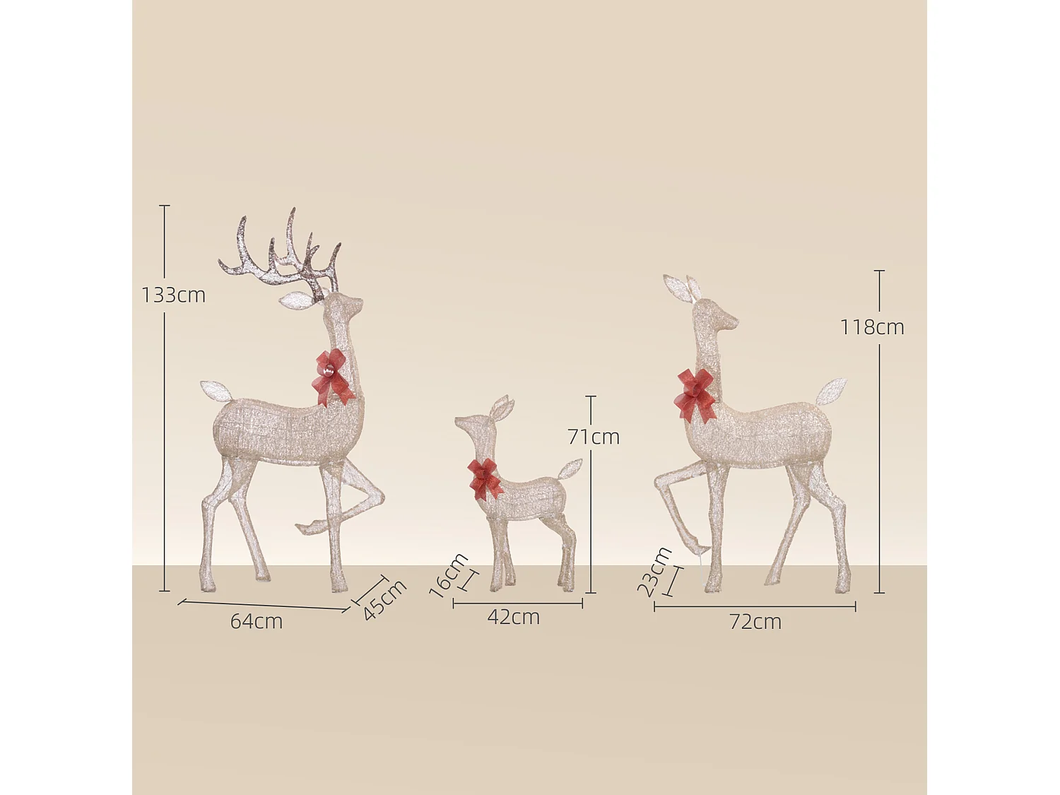 Lot de 3 rennes lumineux - rennes de Noël lumineux extérieur 283 LED blanc chaud - 3 noeuds rouge