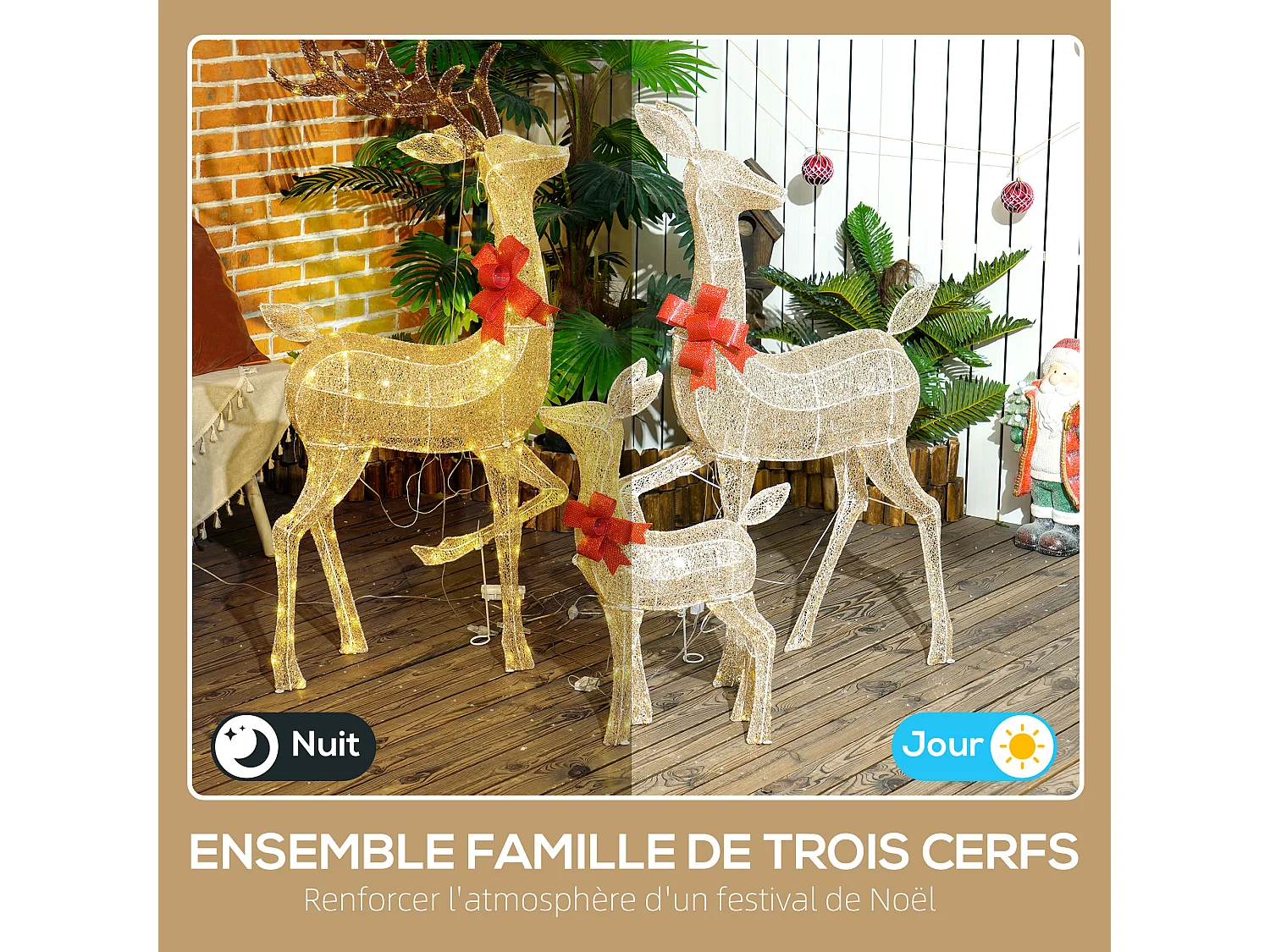 Lot de 3 rennes lumineux - rennes de Noël lumineux extérieur 283 LED blanc chaud - 3 noeuds rouge