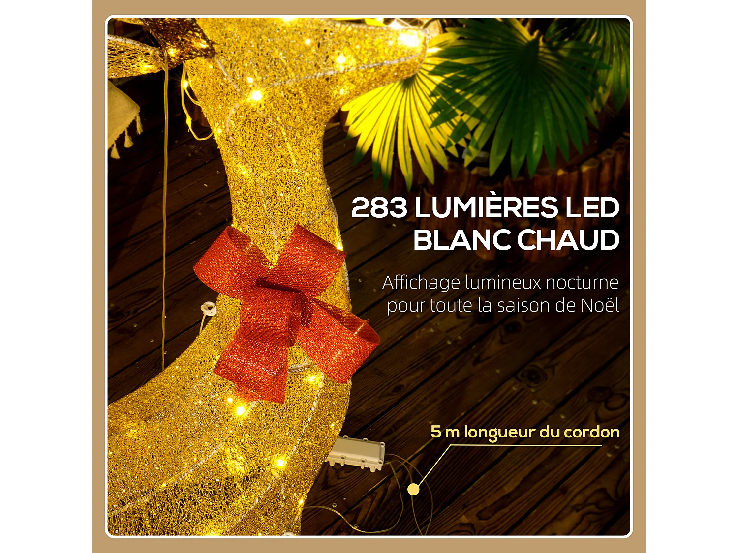 Lot de 3 rennes lumineux - rennes de Noël lumineux extérieur 283 LED blanc chaud - 3 noeuds rouge
