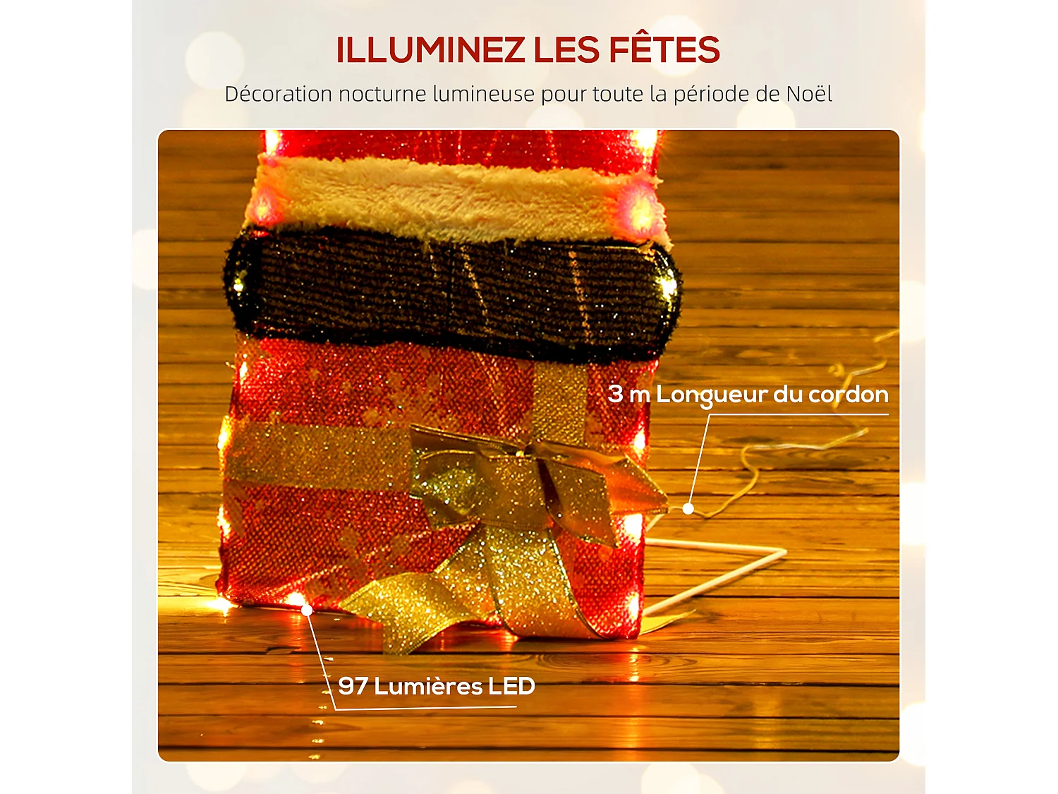 Père Noël lumineux H.93cm - 97 LEDs blanc chaud - décoration de Noël extérieure norme IP44
