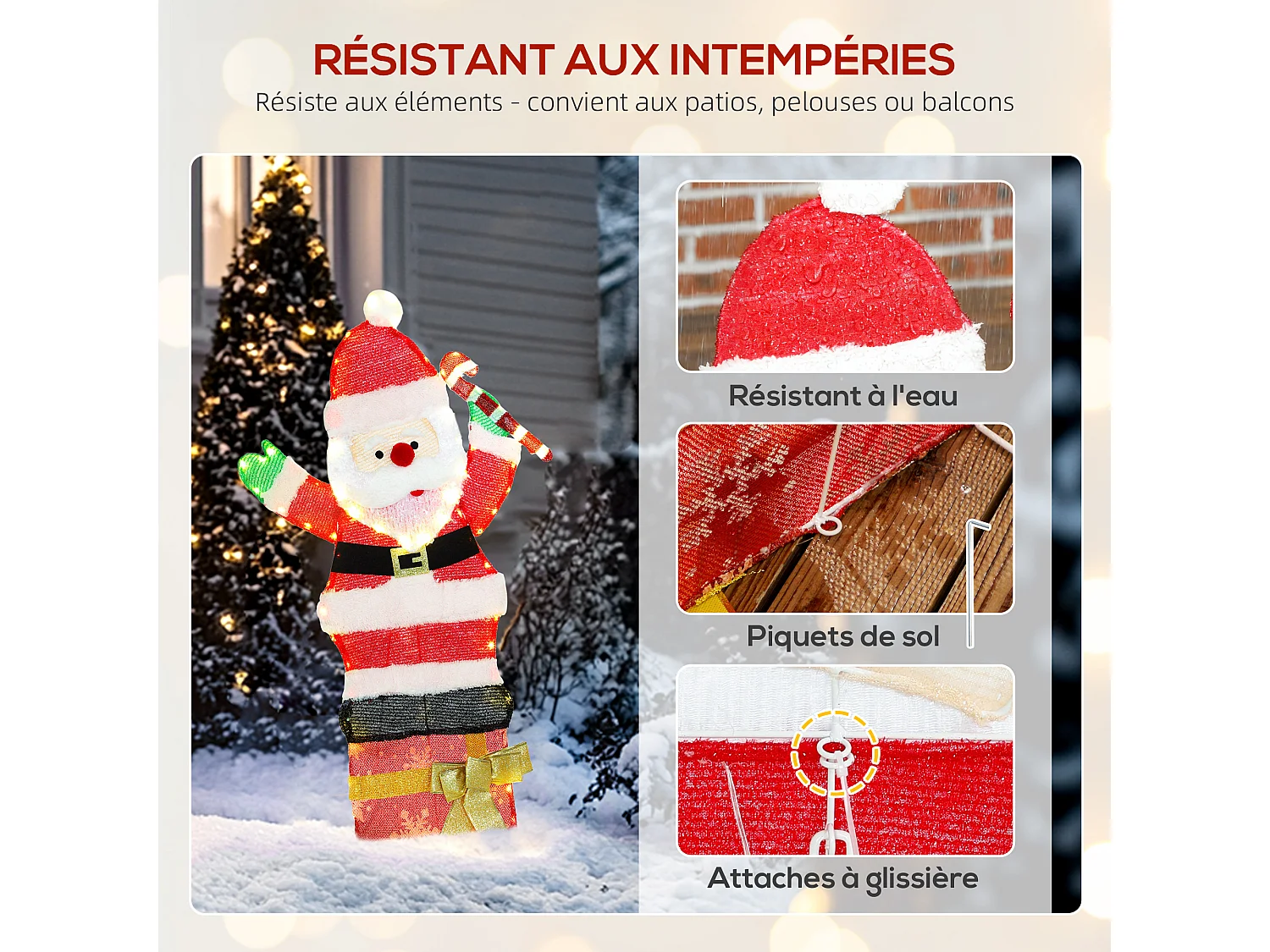 Père Noël lumineux H.93cm - 97 LEDs blanc chaud - décoration de Noël extérieure norme IP44