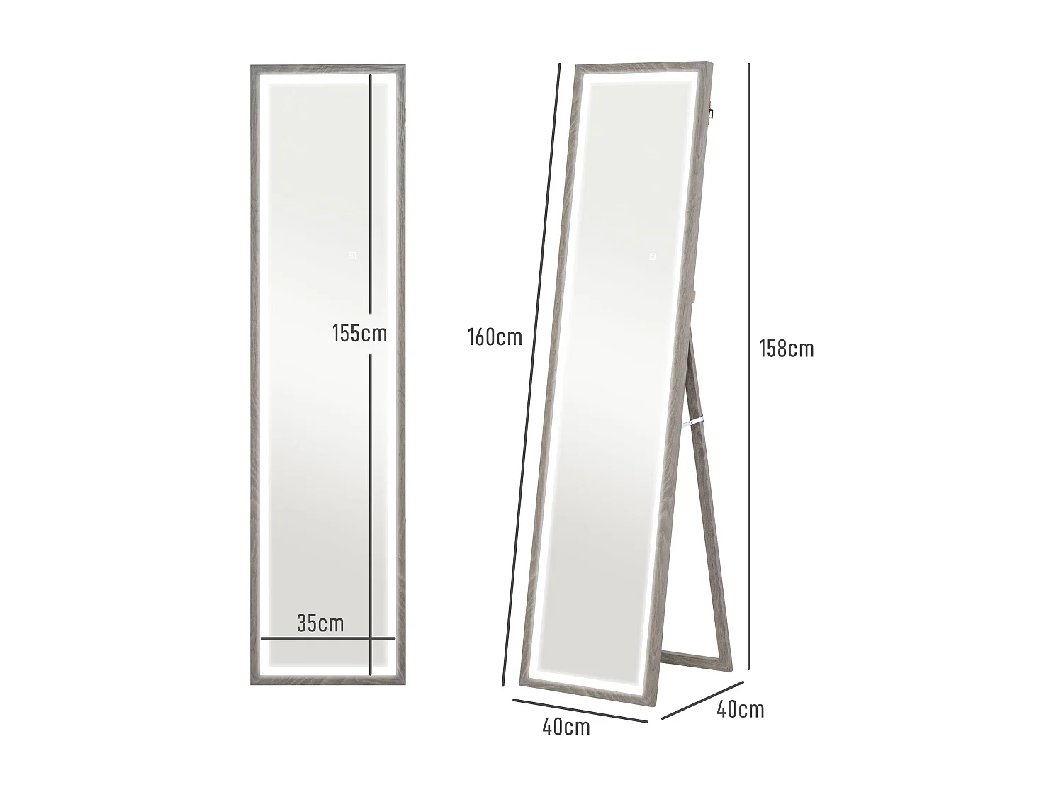 Grand miroir LED pleine longueur 40 x 160 cm autoportant ou à fixer - 3 couleurs luminosité réglable - effet bois gris