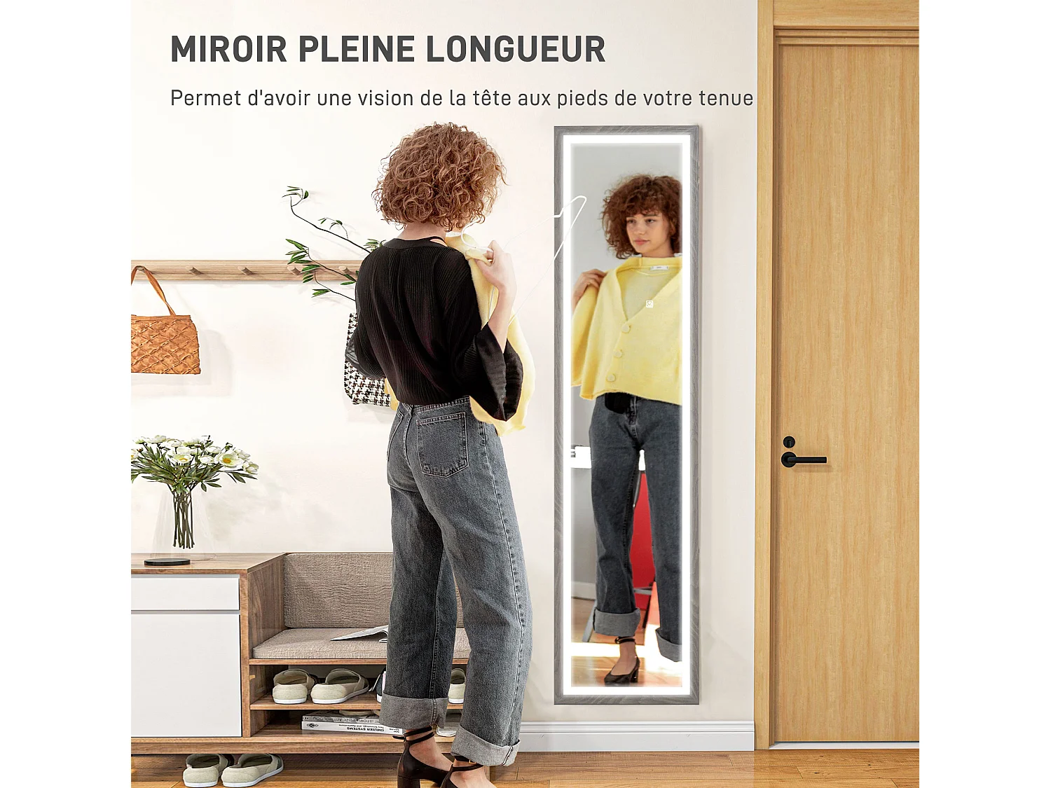 Grand miroir LED pleine longueur 40 x 160 cm autoportant ou à fixer - 3 couleurs luminosité réglable - effet bois gris