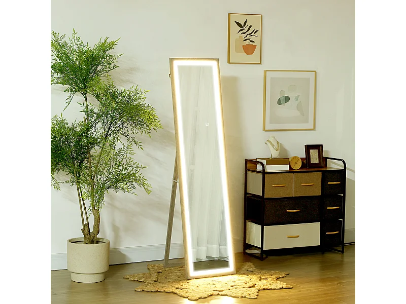 Grand miroir LED pleine longueur 40 x 160 cm autoportant ou à fixer - 3 couleurs luminosité réglable - effet bois gris