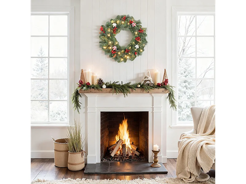 Couronne de Noël lumineuse LED décorée dia. 60 cm 50 LEDs blanc chaud timer vert