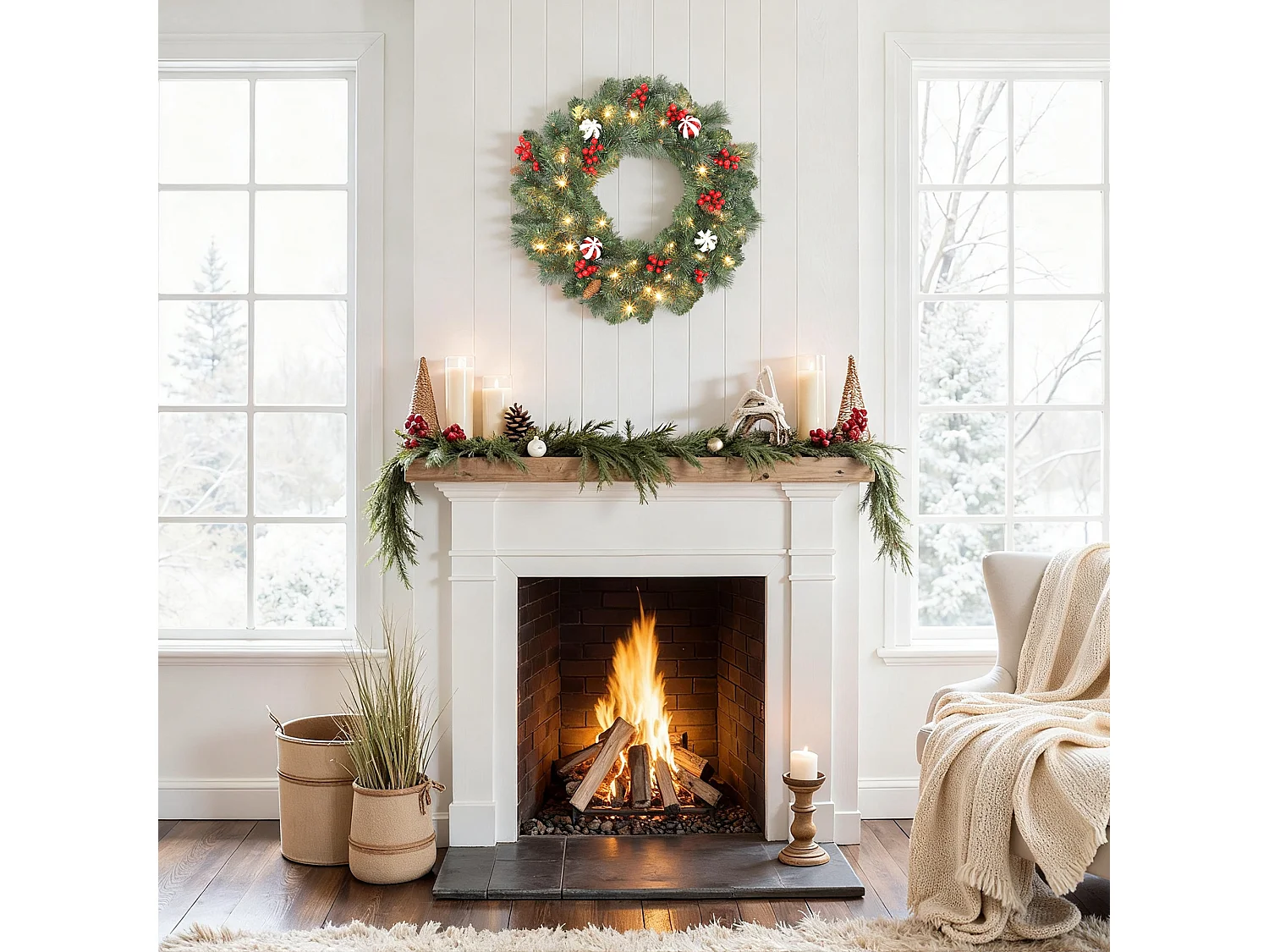 Couronne de Noël lumineuse LED décorée dia. 60 cm 50 LEDs blanc chaud timer vert