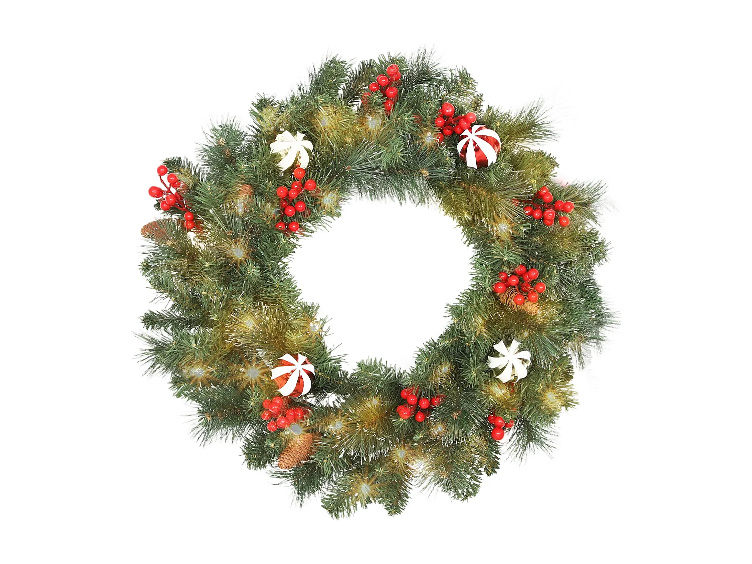 Couronne de Noël lumineuse LED décorée dia. 60 cm 50 LEDs blanc chaud timer vert