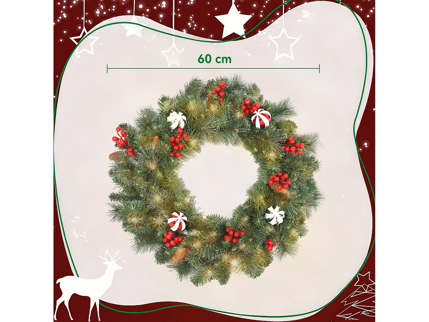 Couronne de Noël lumineuse LED décorée dia. 60 cm 50 LEDs blanc chaud timer vert