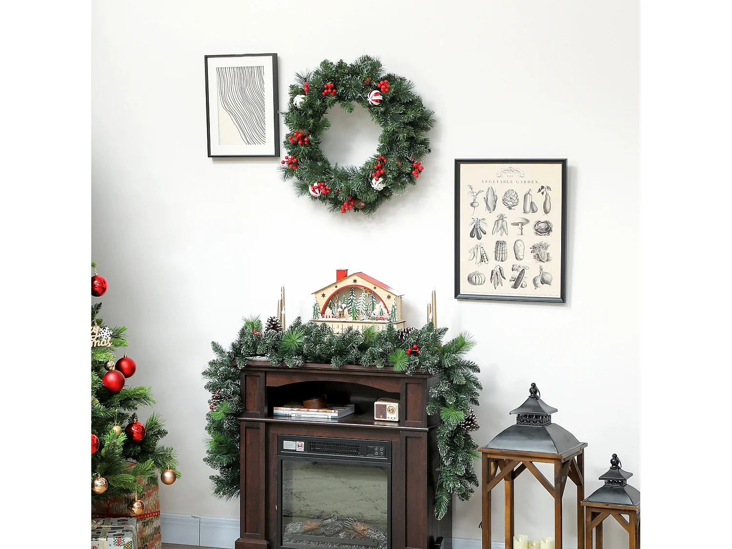 Couronne de Noël lumineuse LED décorée dia. 60 cm 50 LEDs blanc chaud timer vert