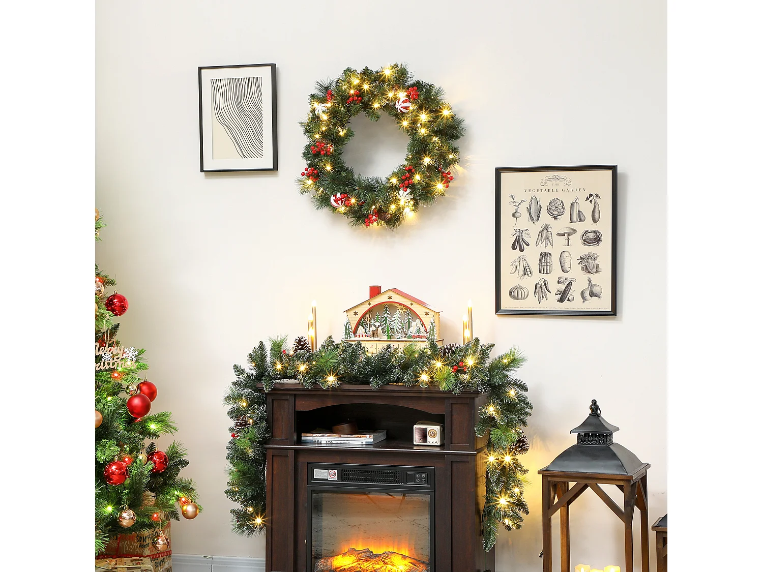 Couronne de Noël lumineuse LED décorée dia. 60 cm 50 LEDs blanc chaud timer vert