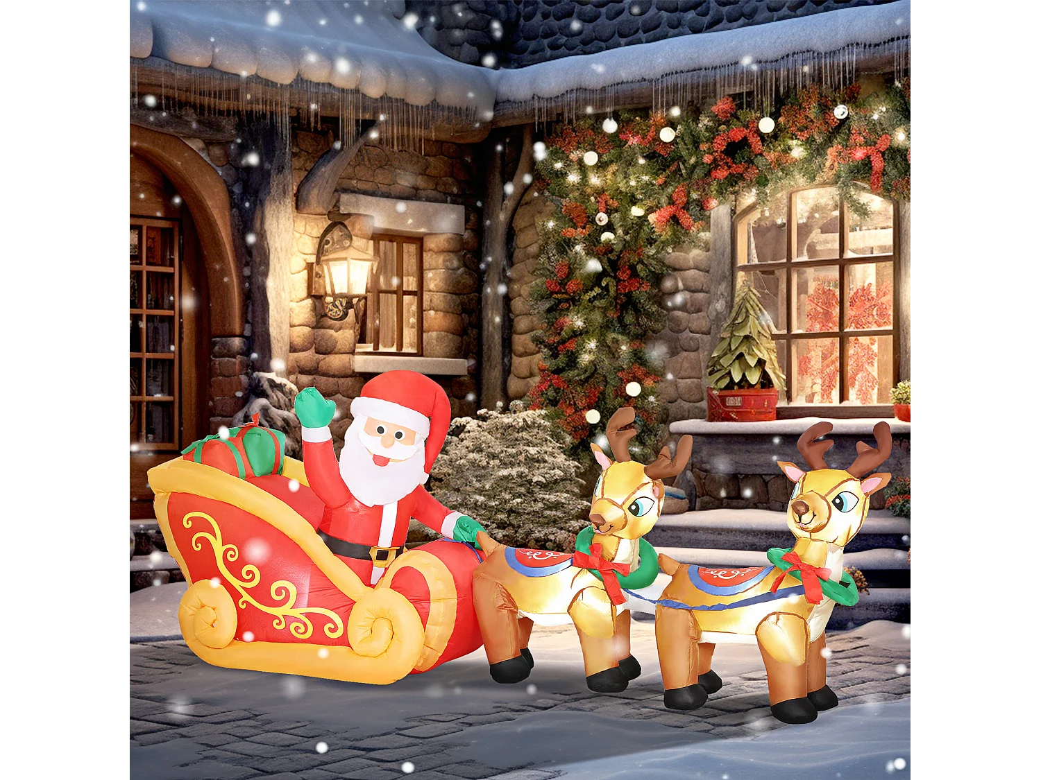 Traîneau Père Noël gonflable LED avec 2 rennes - matériel fixation et souffleur inclus - polyester