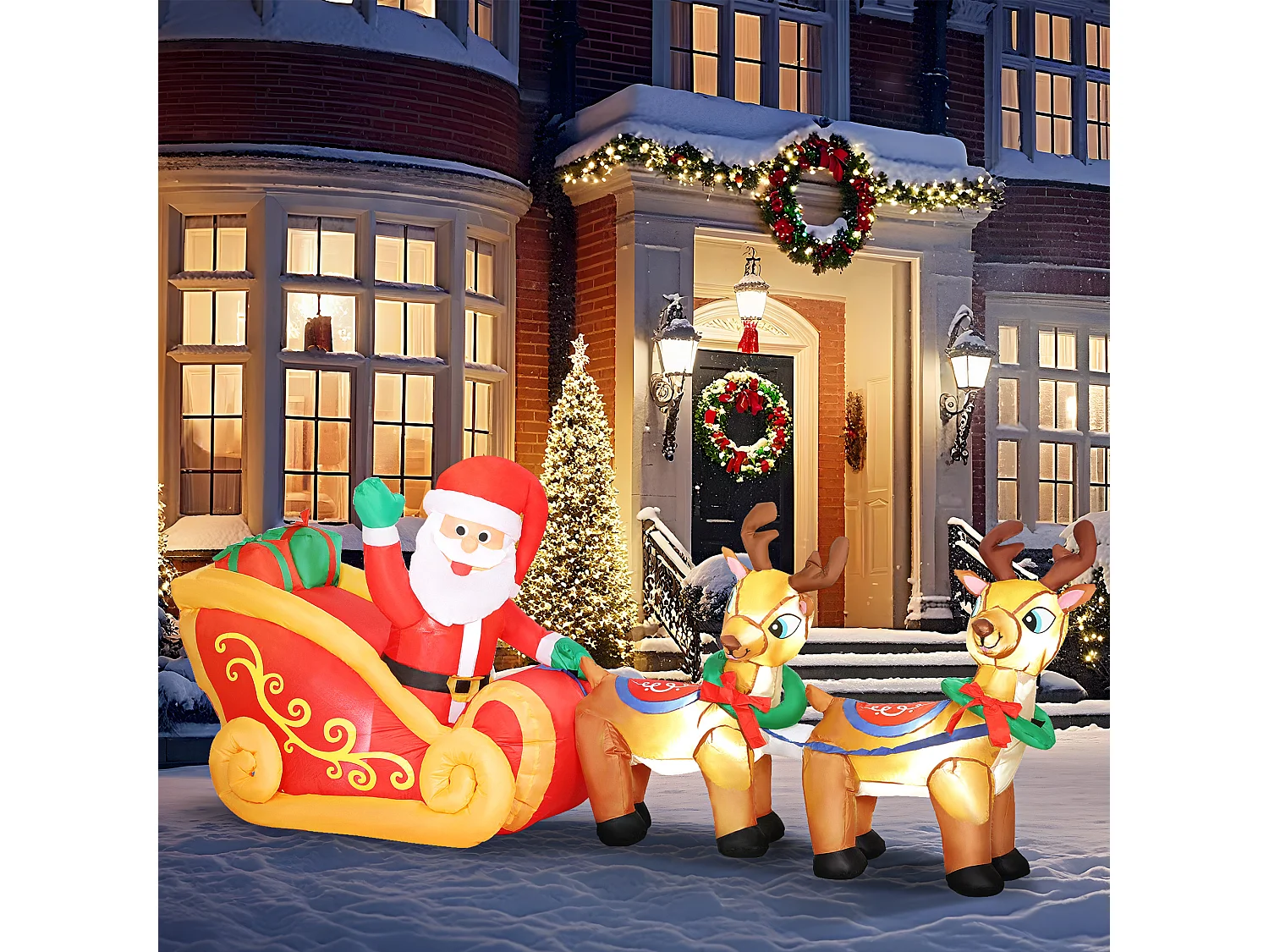 Traîneau Père Noël gonflable LED avec 2 rennes - matériel fixation et souffleur inclus - polyester