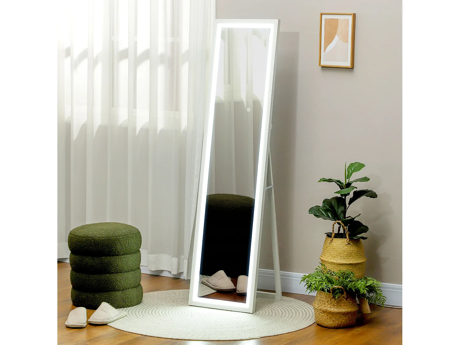 Grand miroir LED pleine longueur 40 x 160 cm autoportant ou à fixer - 3 couleurs luminosité réglable - effet bois blanc