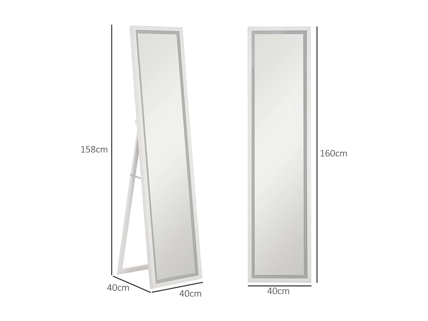 Grand miroir LED pleine longueur 40 x 160 cm autoportant ou à fixer - 3 couleurs luminosité réglable - effet bois blanc