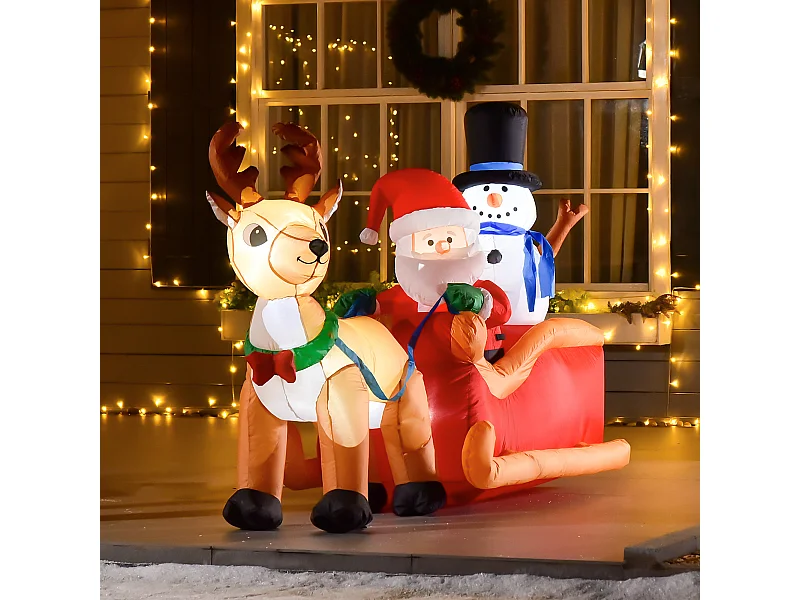 Traîneau Père Noël gonflable LED avec renne bonhomme de neige - matériel fixation et souffleur inclus