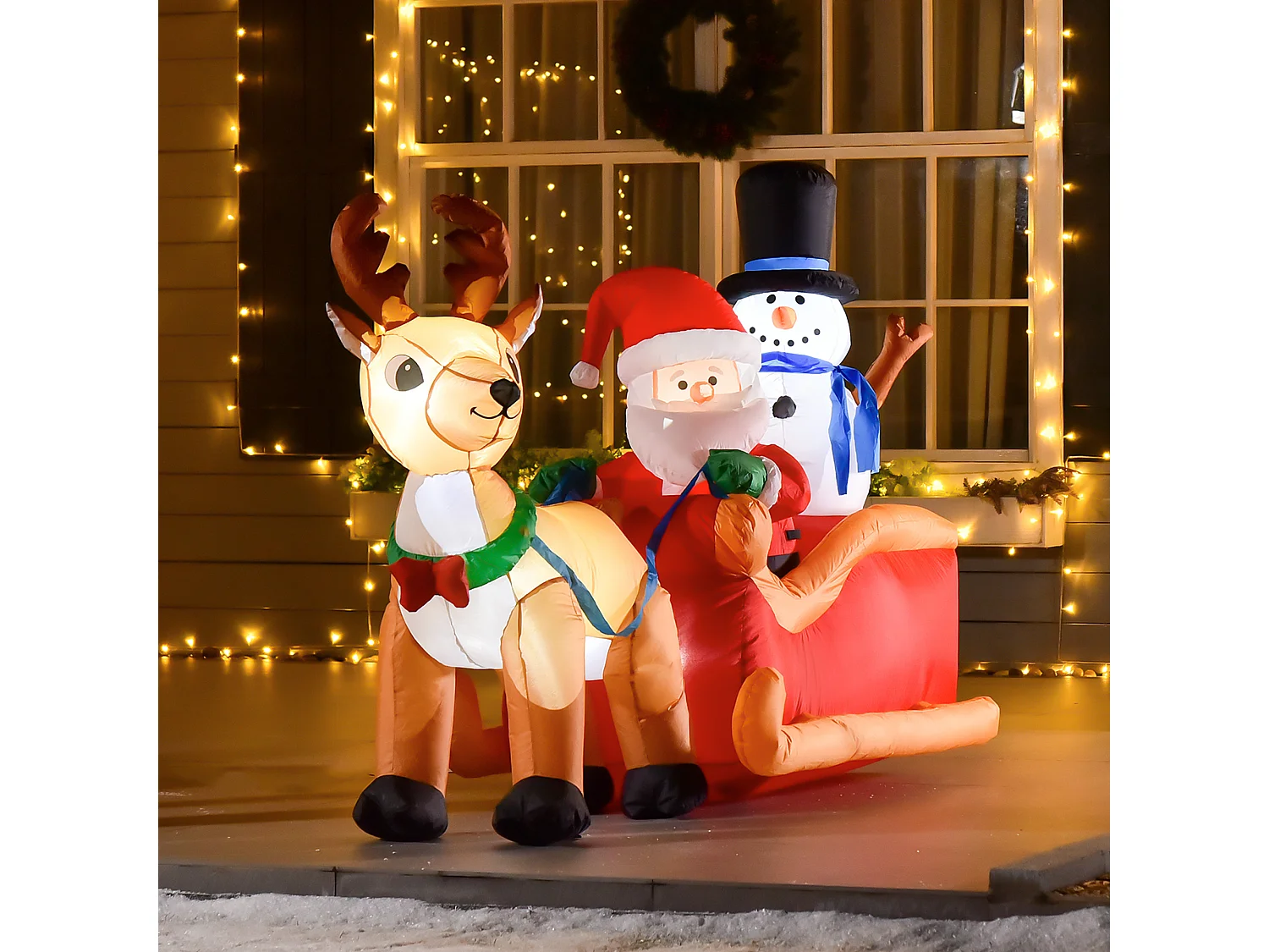 Traîneau Père Noël gonflable LED avec renne bonhomme de neige - matériel fixation et souffleur inclus