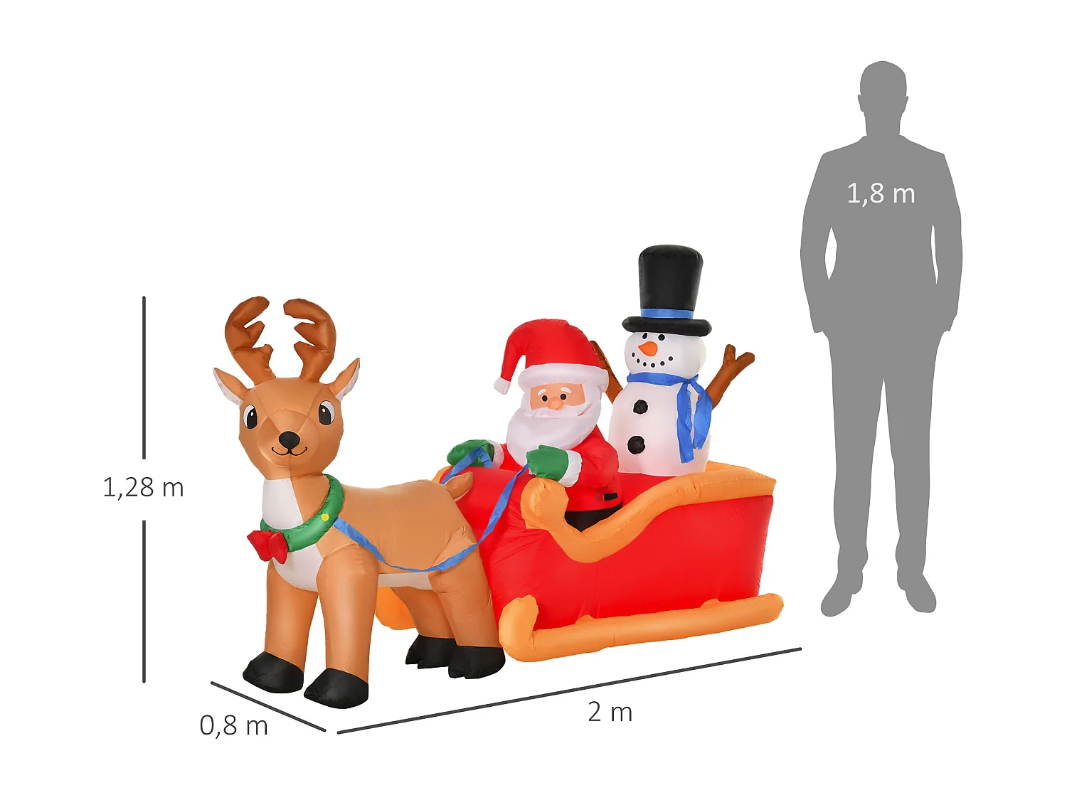 Traîneau Père Noël gonflable LED avec renne bonhomme de neige - matériel fixation et souffleur inclus