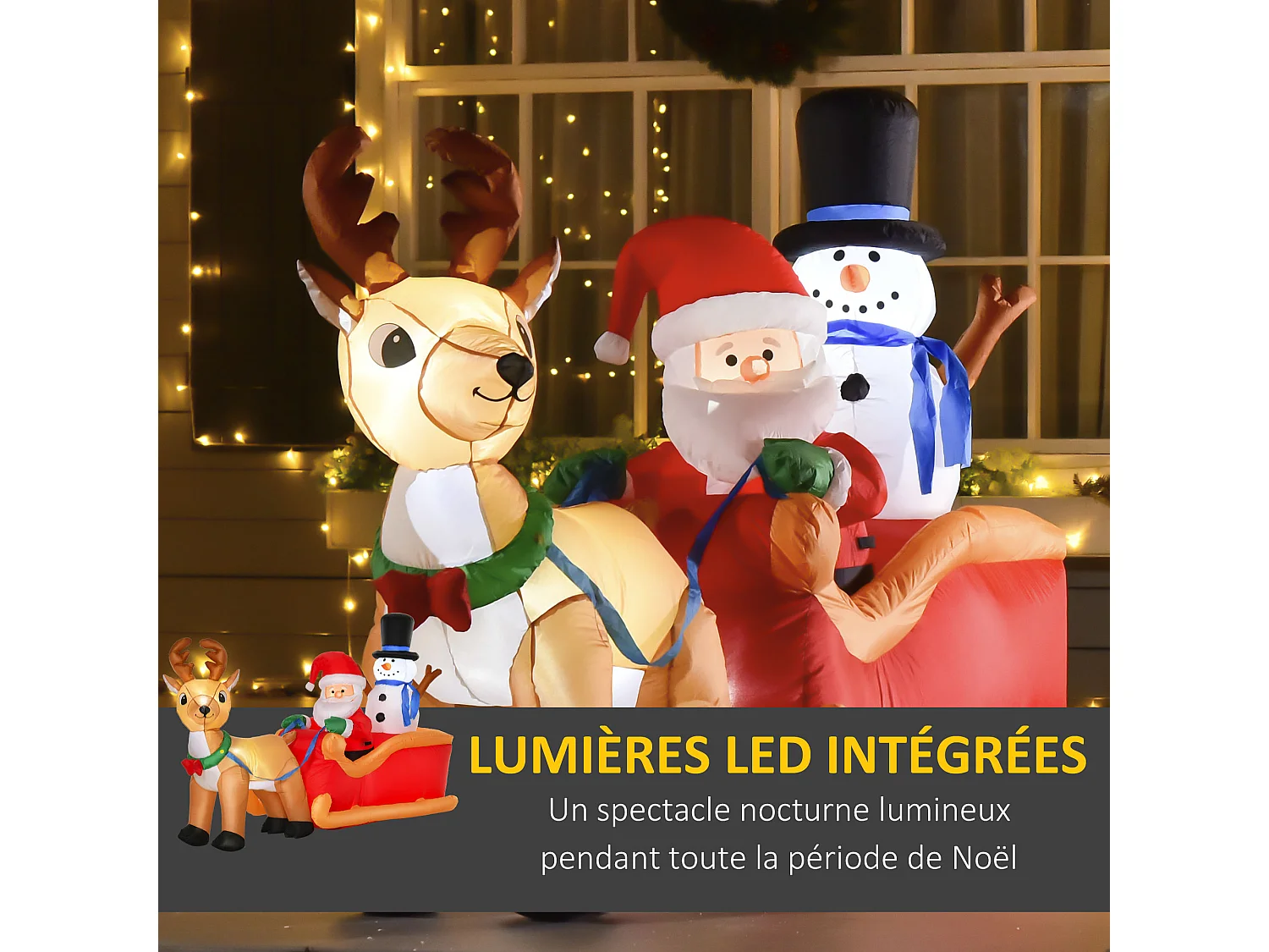 Traîneau Père Noël gonflable LED avec renne bonhomme de neige - matériel fixation et souffleur inclus