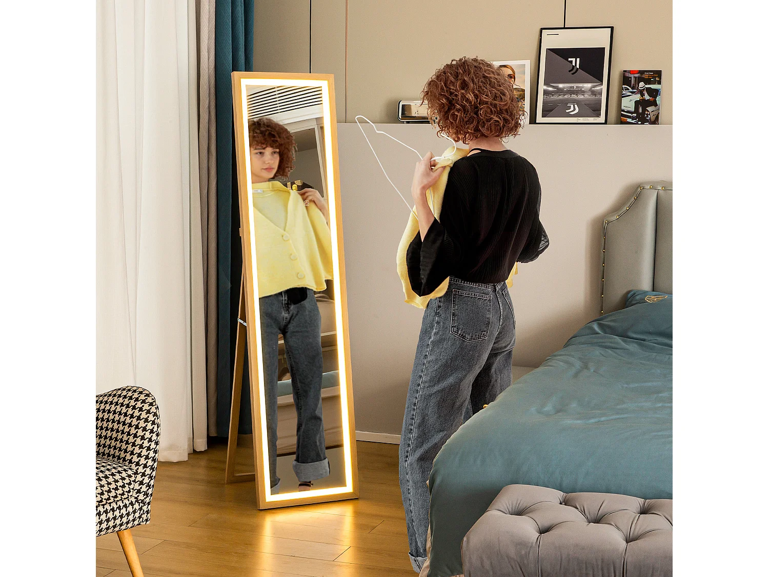 Grand miroir LED pleine longueur 40 x 160 cm autoportant ou à fixer - 3 couleurs luminosité réglable - effet bois