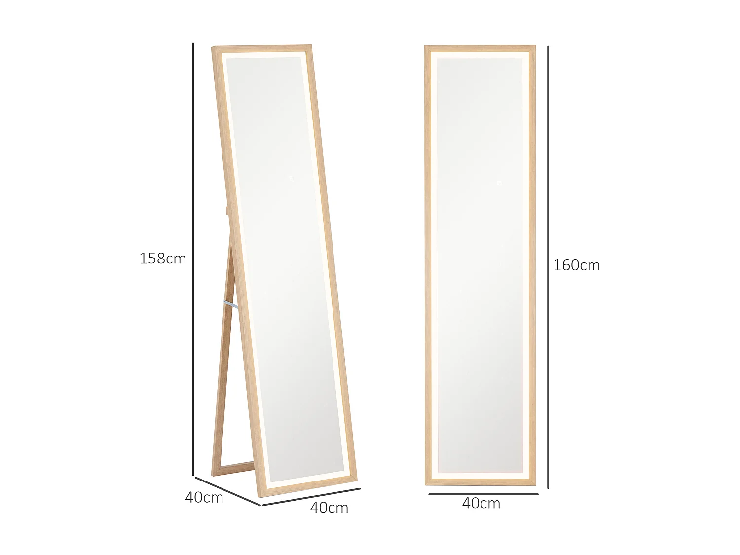 Grand miroir LED pleine longueur 40 x 160 cm autoportant ou à fixer - 3 couleurs luminosité réglable - effet bois