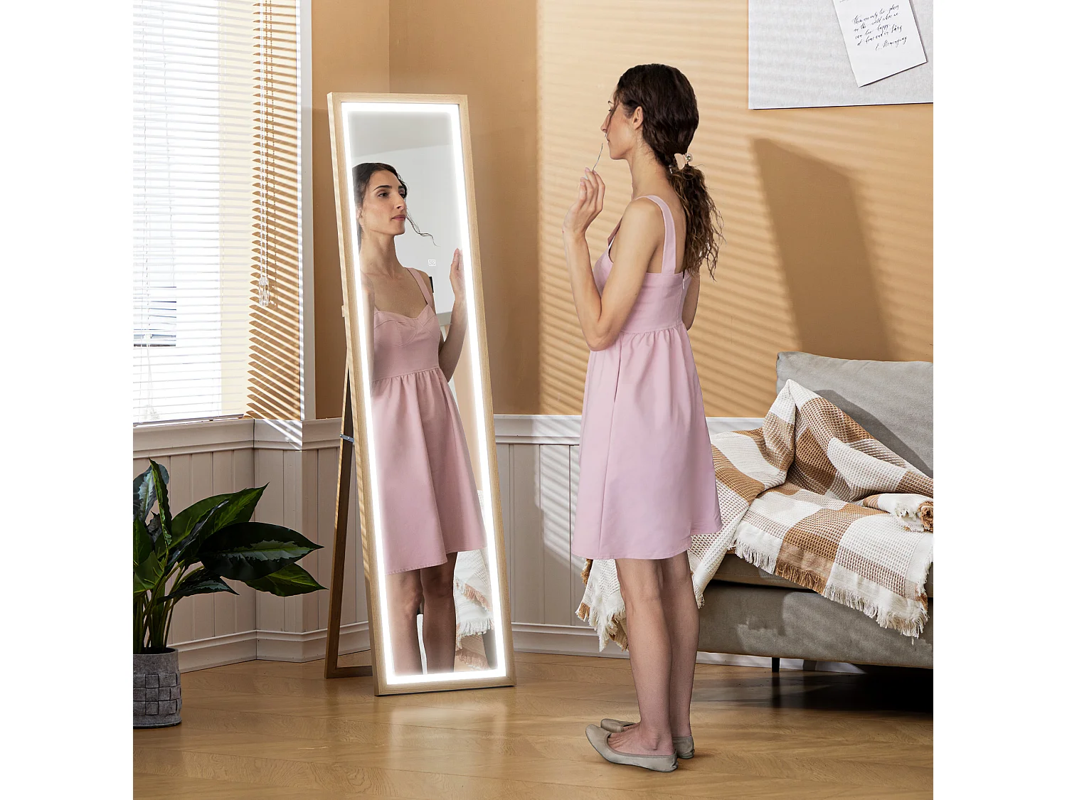 Grand miroir LED pleine longueur 40 x 160 cm autoportant ou à fixer - 3 couleurs luminosité réglable - effet bois