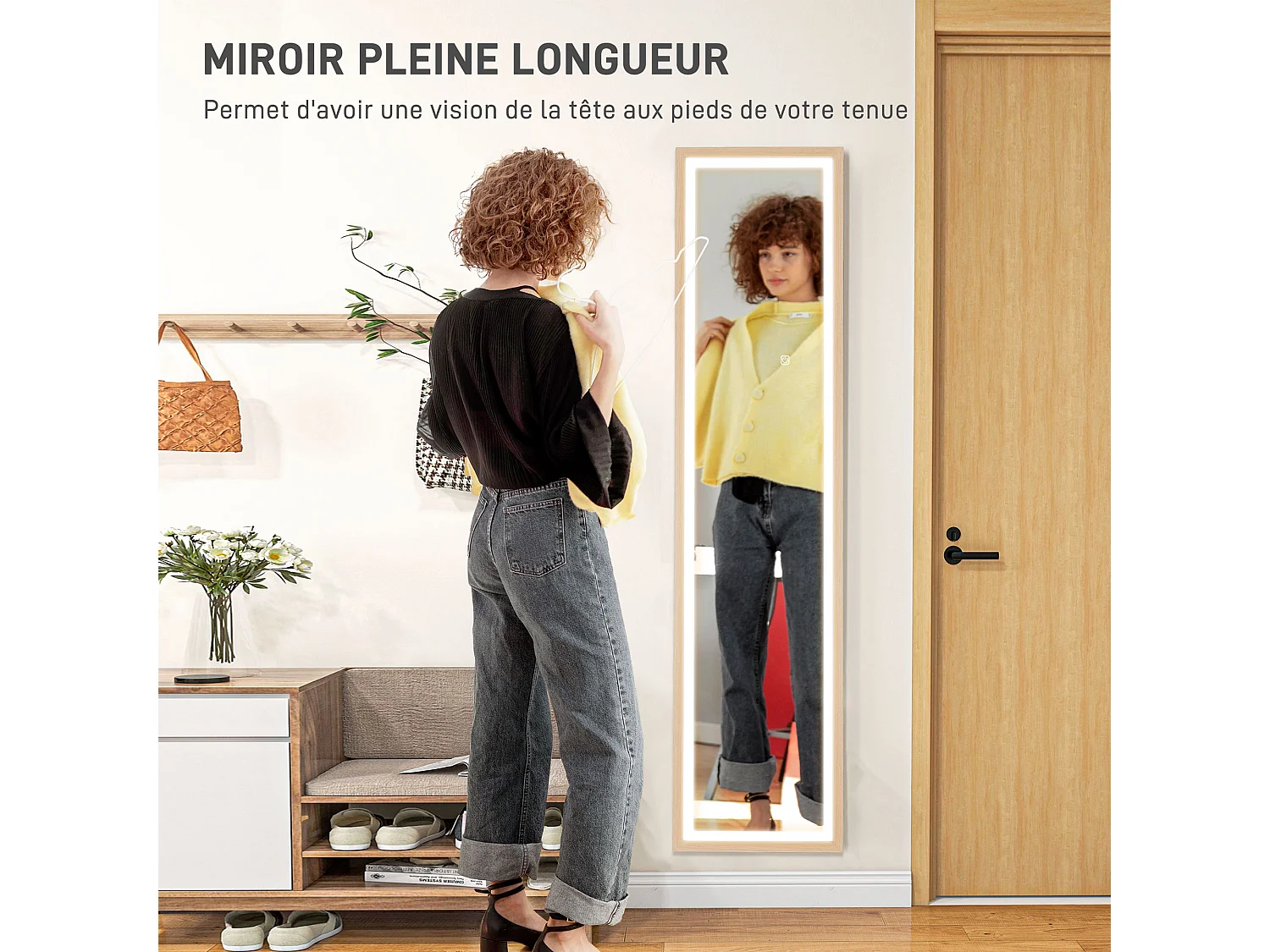 Grand miroir LED pleine longueur 40 x 160 cm autoportant ou à fixer - 3 couleurs luminosité réglable - effet bois