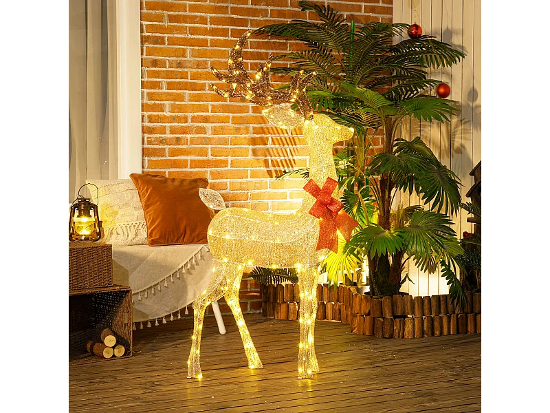 Grand renne de Noël lumineux H. 135 cm - renne lumineux extérieur 137 LED blanc chaud - noeud rouge