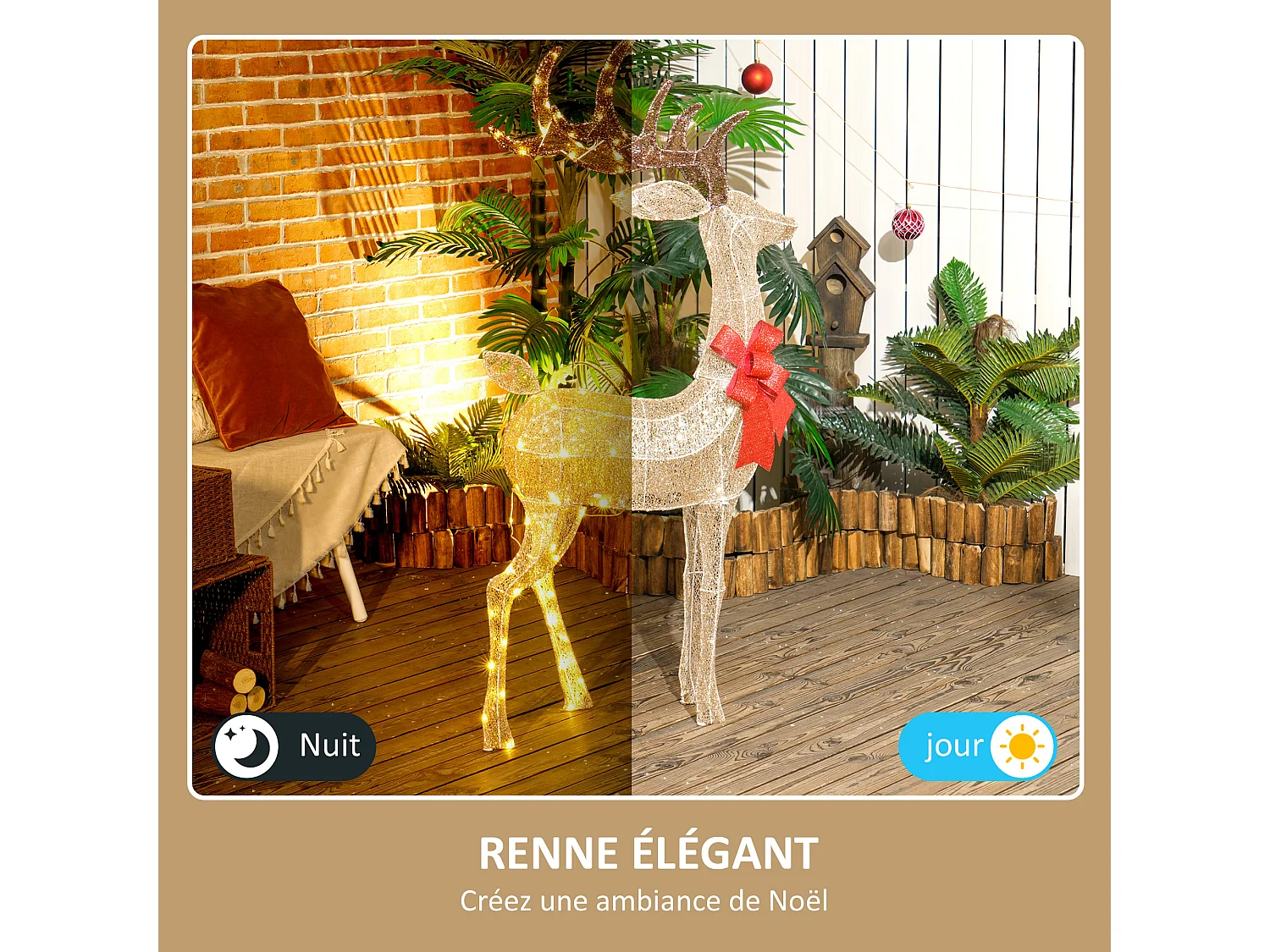 Grand renne de Noël lumineux H. 135 cm - renne lumineux extérieur 137 LED blanc chaud - noeud rouge