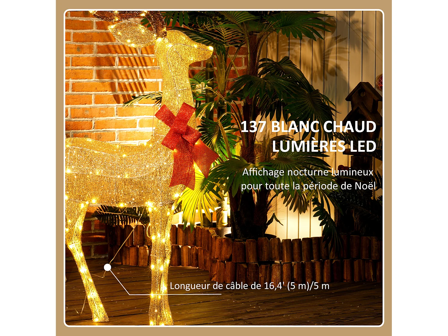 Grand renne de Noël lumineux H. 135 cm - renne lumineux extérieur 137 LED blanc chaud - noeud rouge