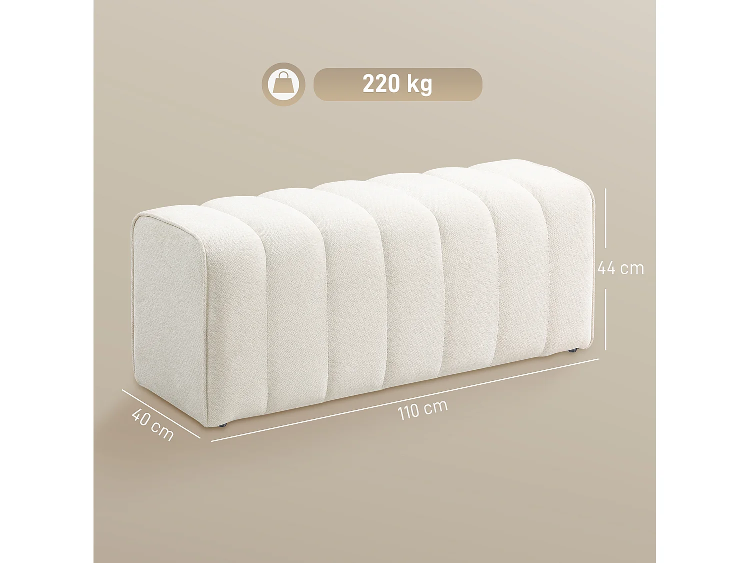 Bout de lit banquette design courbes arrondies matelassées dim. 110 x 40 x 44 cm toucher lin crème