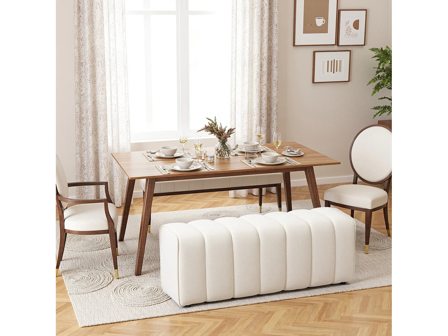 Bout de lit banquette design courbes arrondies matelassées dim. 110 x 40 x 44 cm toucher lin crème