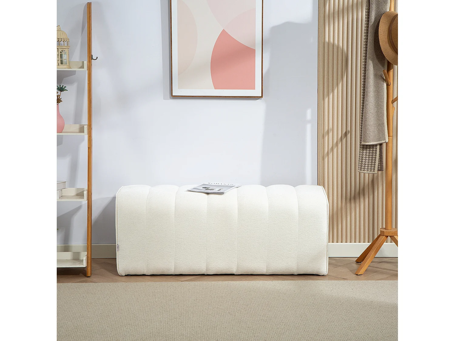 Bout de lit banquette design courbes arrondies matelassées dim. 110 x 40 x 44 cm toucher lin crème