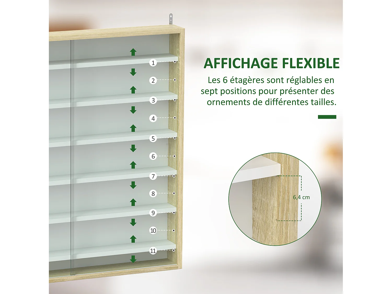 Vitrine murale 6 étagères réglables 2 portes coulissantes verre aspect bois clair blanc