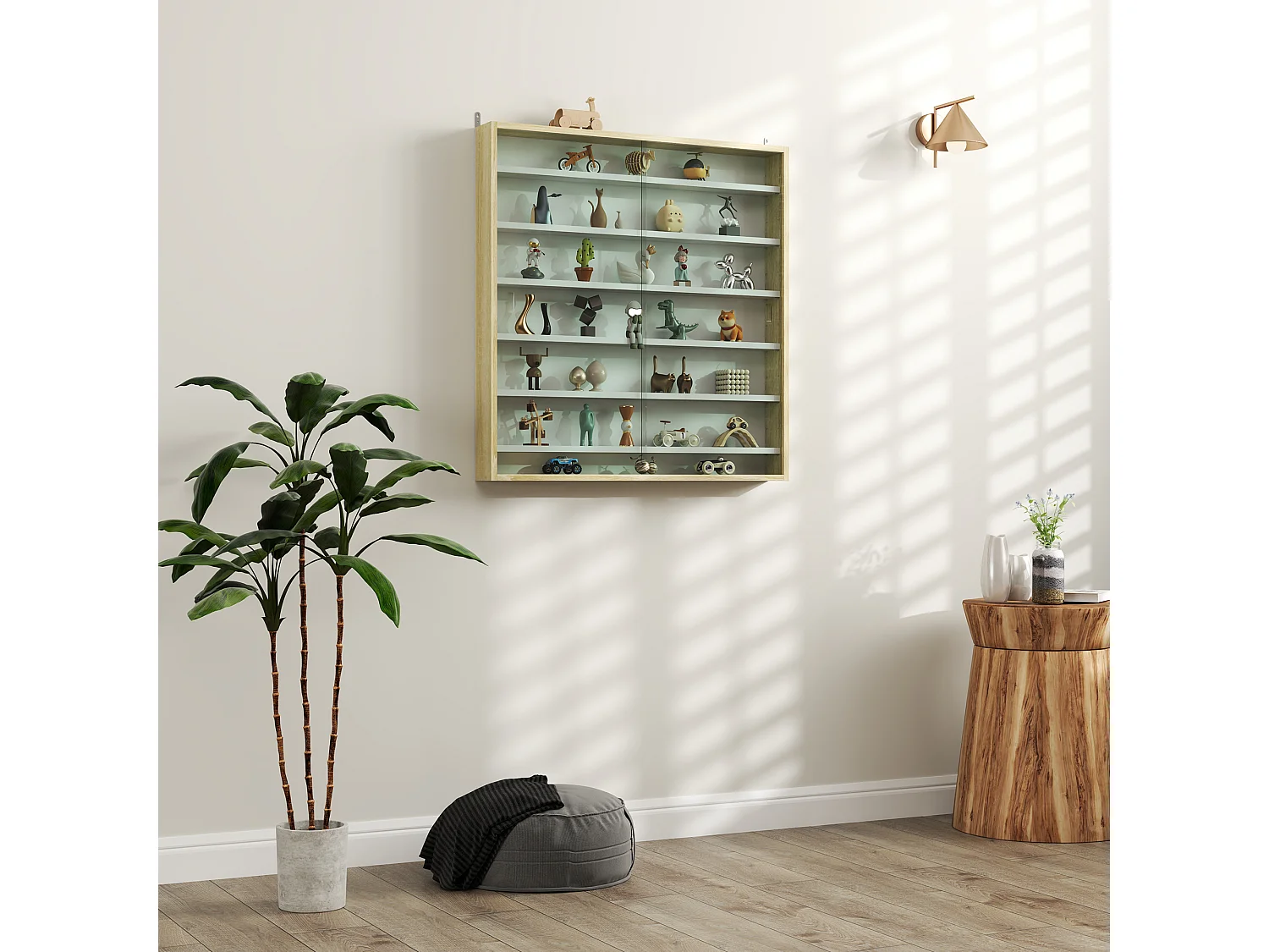 Vitrine murale 6 étagères réglables 2 portes coulissantes verre aspect bois clair blanc