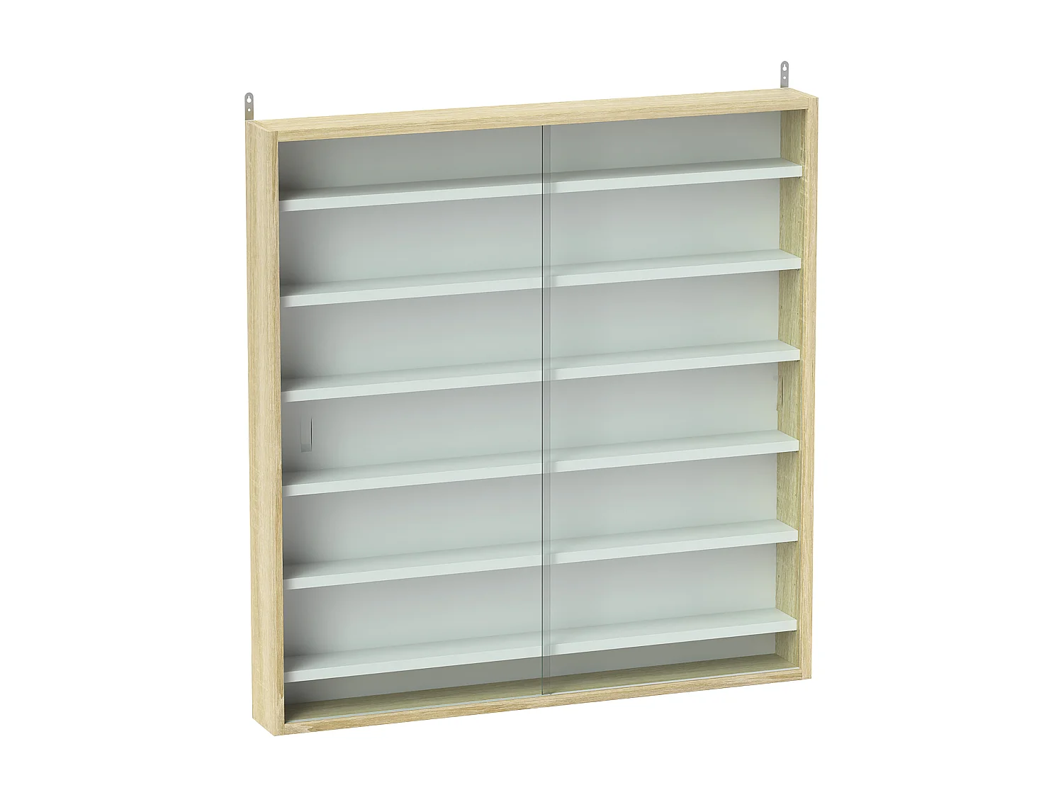 Vitrine murale 6 étagères réglables 2 portes coulissantes verre aspect bois clair blanc