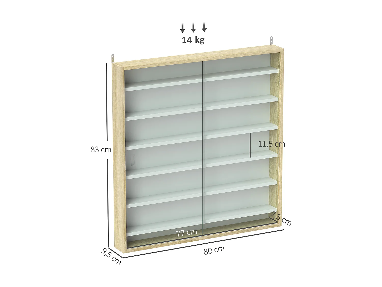 Vitrine murale 6 étagères réglables 2 portes coulissantes verre aspect bois clair blanc