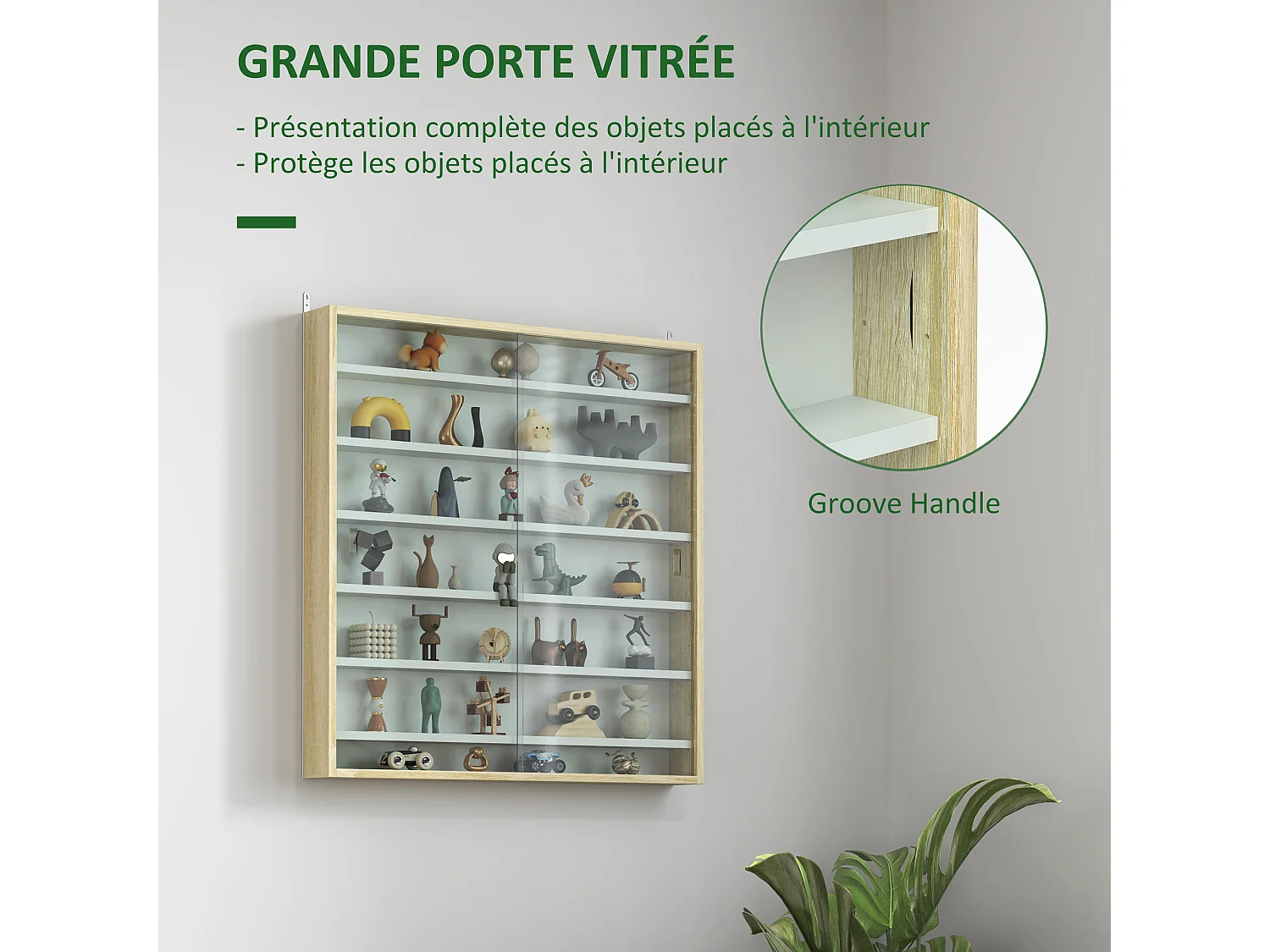 Vitrine murale 6 étagères réglables 2 portes coulissantes verre aspect bois clair blanc