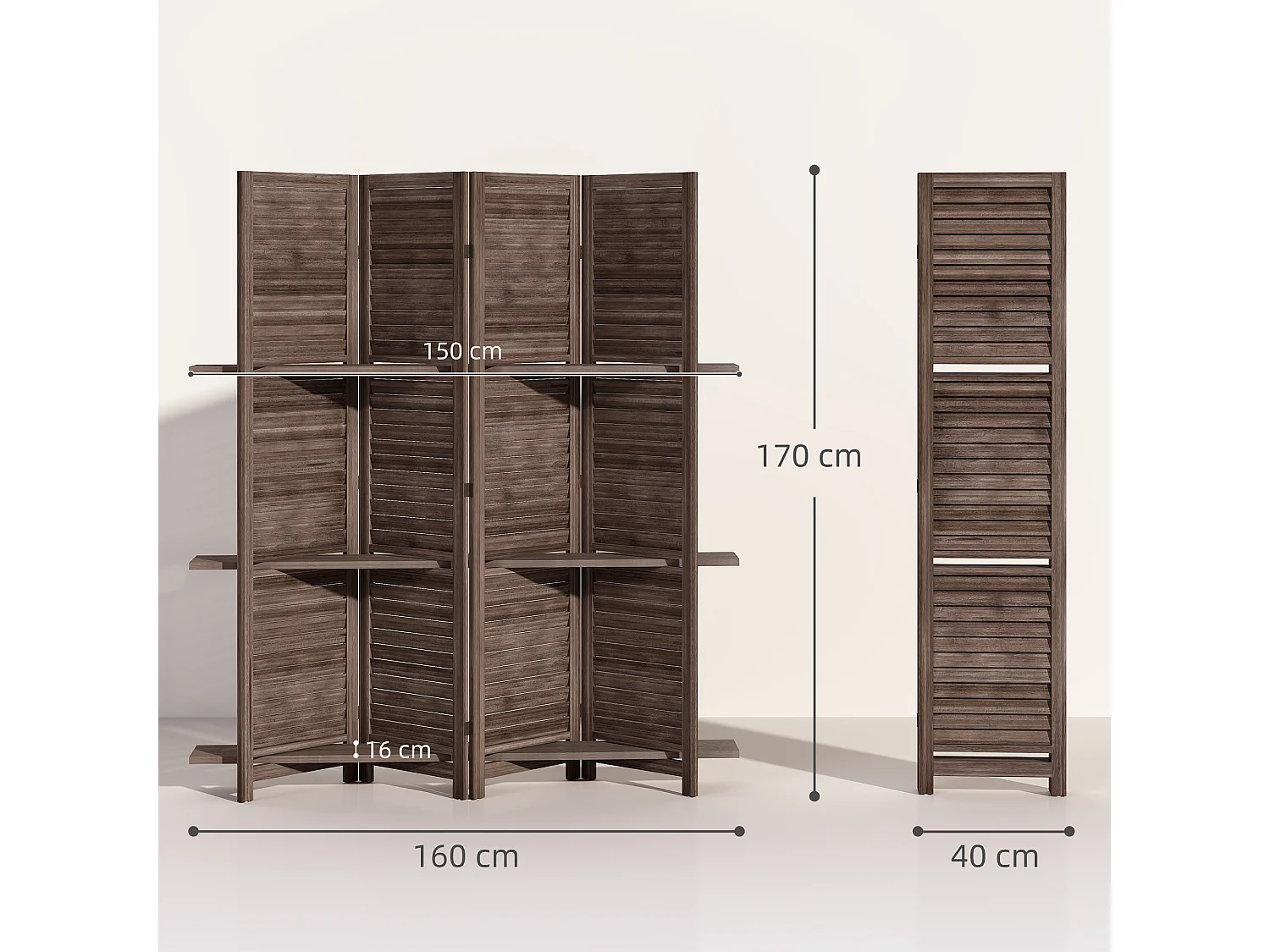 Paravent intérieur 4 panneaux 3 étagères pliables séparateur de pièce portes persiennes bois de paulownia wengé