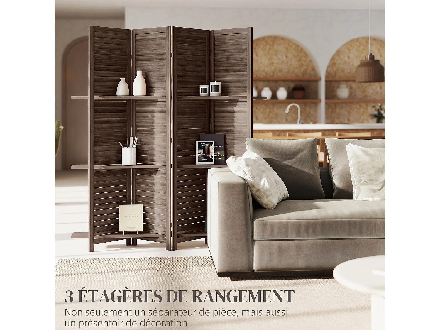 Paravent intérieur 4 panneaux 3 étagères pliables séparateur de pièce portes persiennes bois de paulownia wengé