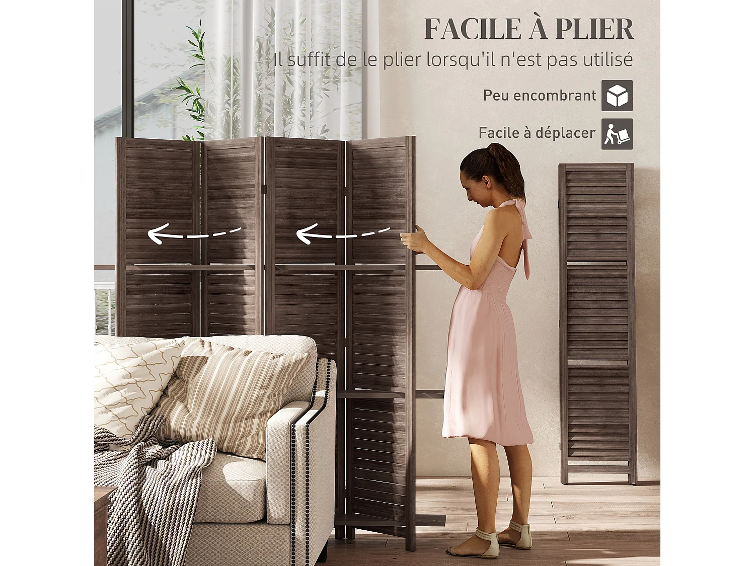 Paravent intérieur 4 panneaux 3 étagères pliables séparateur de pièce portes persiennes bois de paulownia wengé