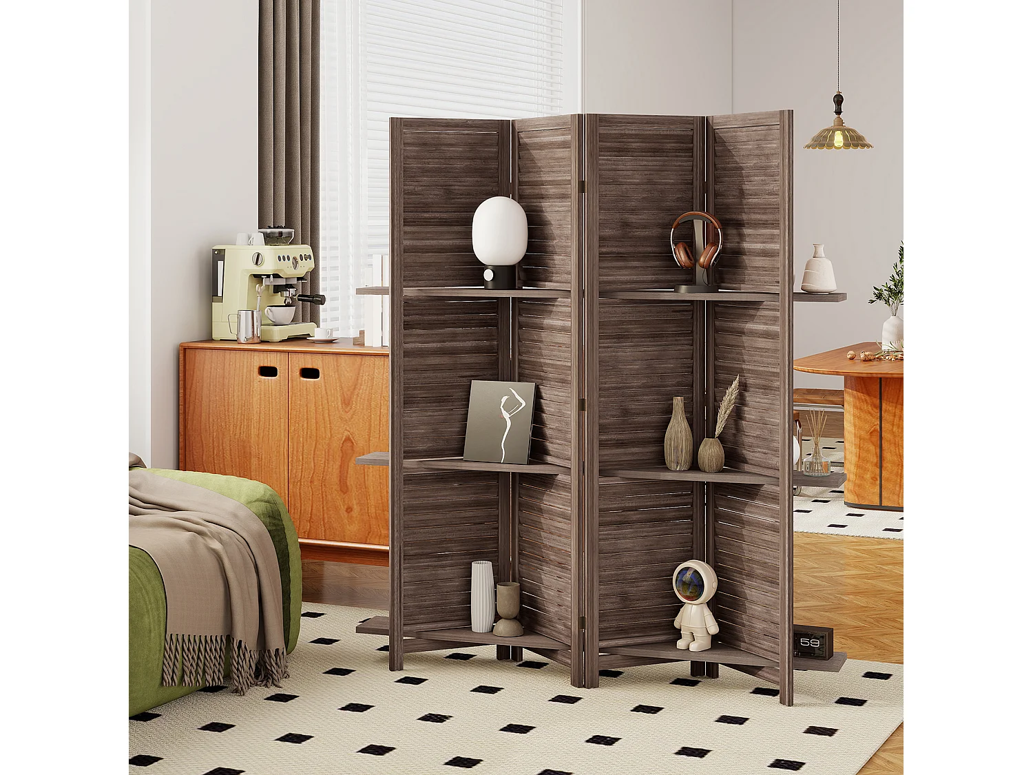 Paravent intérieur 4 panneaux 3 étagères pliables séparateur de pièce portes persiennes bois de paulownia wengé