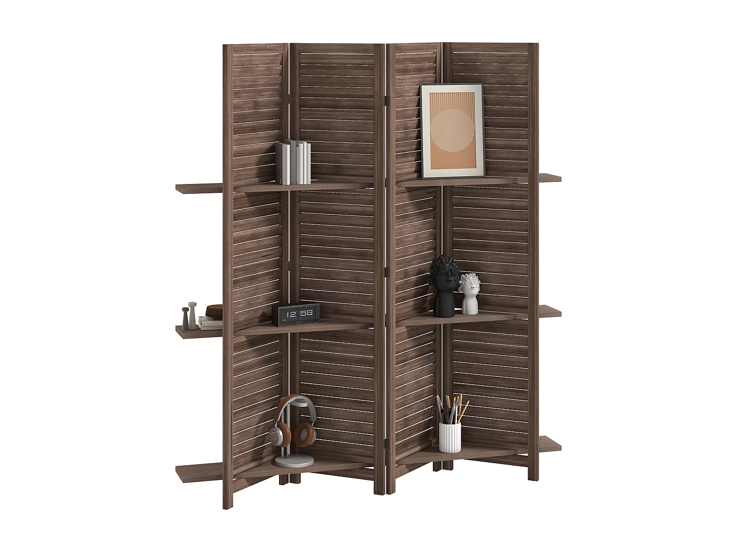 Paravent intérieur 4 panneaux 3 étagères pliables séparateur de pièce portes persiennes bois de paulownia wengé