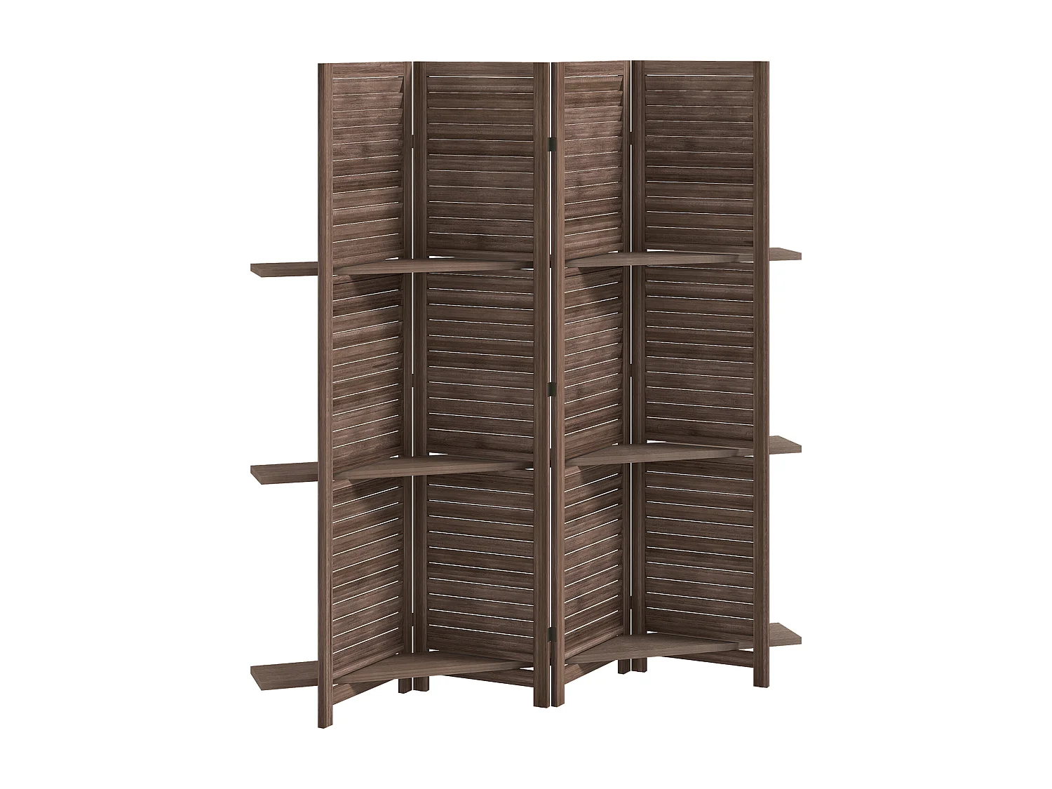 Paravent intérieur 4 panneaux 3 étagères pliables séparateur de pièce portes persiennes bois de paulownia wengé