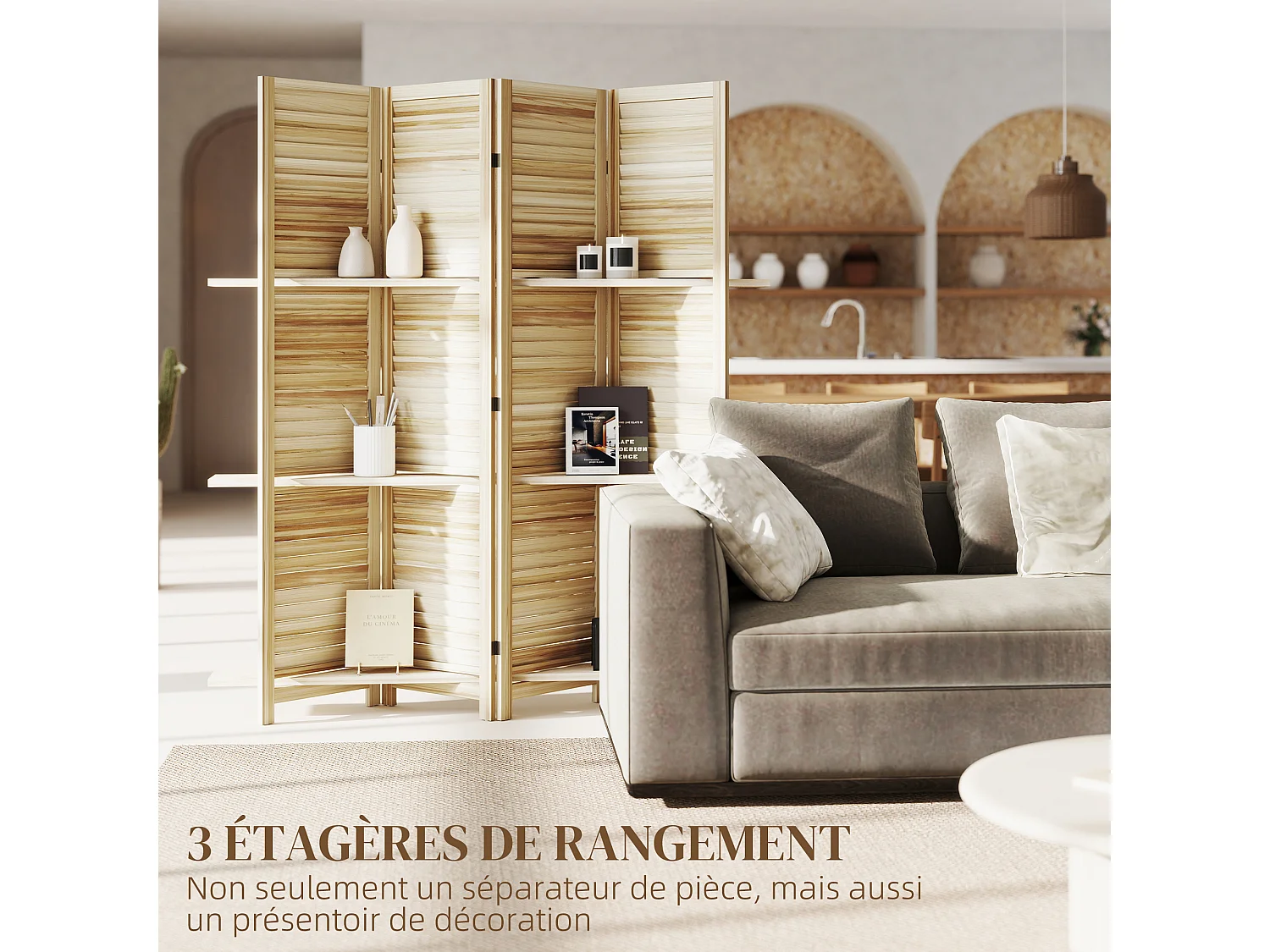 Paravent intérieur 4 panneaux 3 étagères pliables séparateur de pièce portes persiennes bois de paulownia autoclave