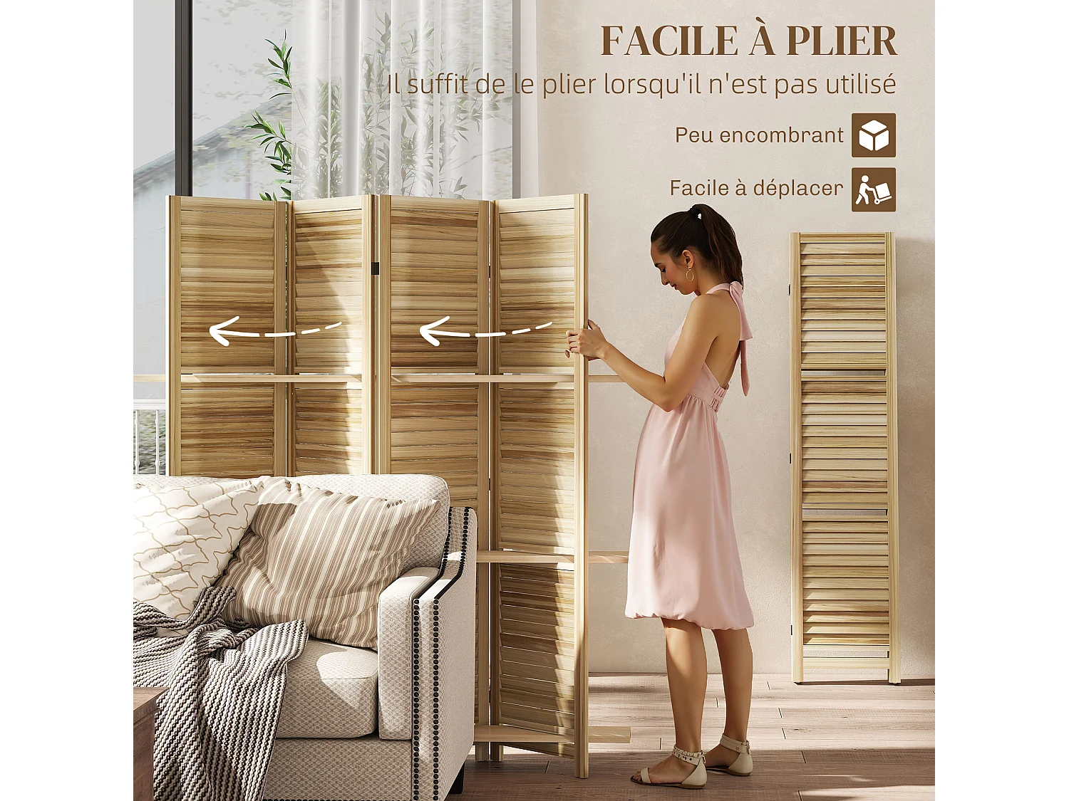 Paravent intérieur 4 panneaux 3 étagères pliables séparateur de pièce portes persiennes bois de paulownia autoclave