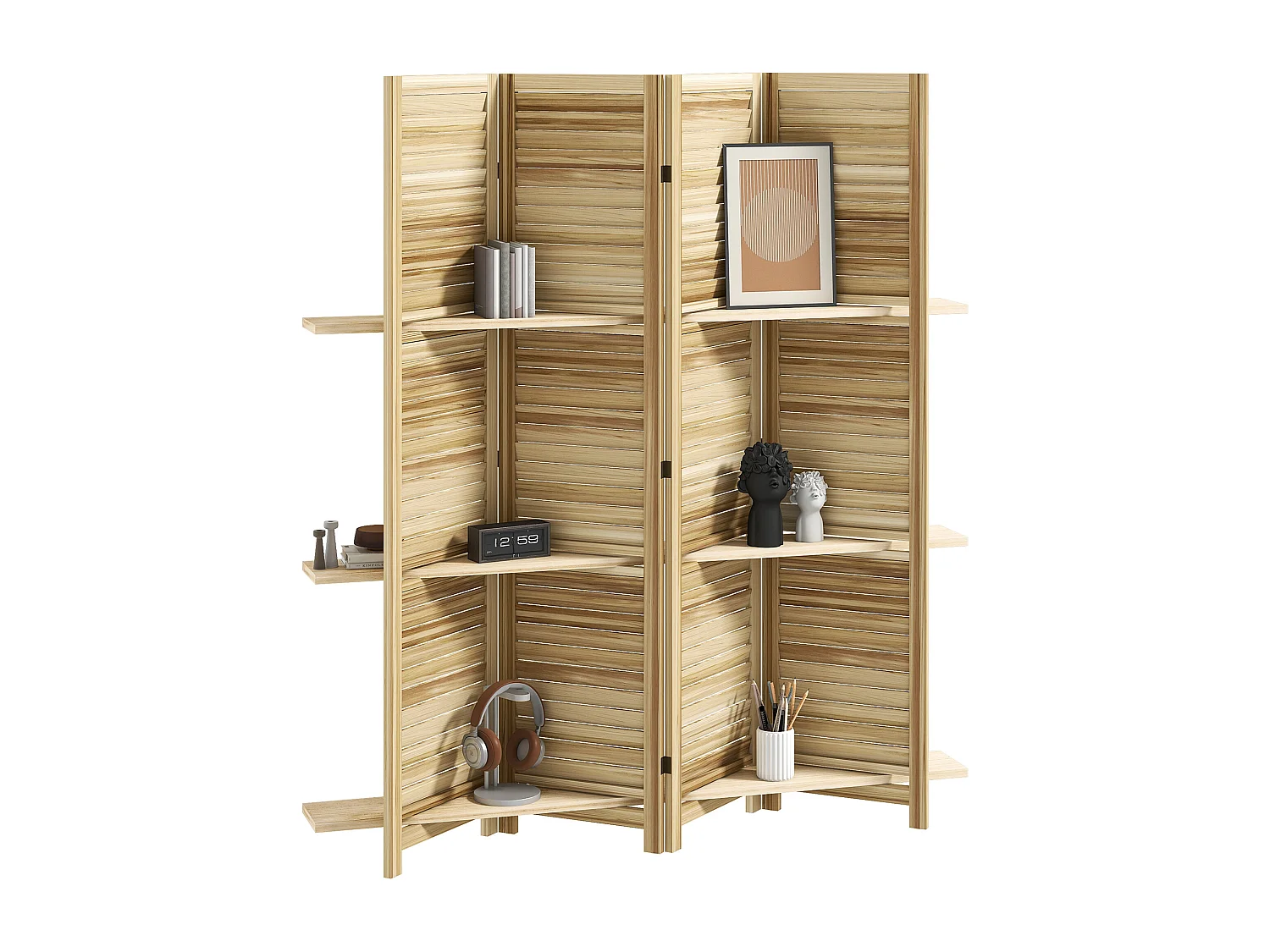 Paravent intérieur 4 panneaux 3 étagères pliables séparateur de pièce portes persiennes bois de paulownia autoclave