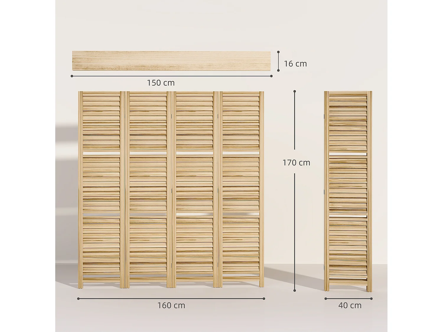 Paravent intérieur 4 panneaux 3 étagères pliables séparateur de pièce portes persiennes bois de paulownia autoclave