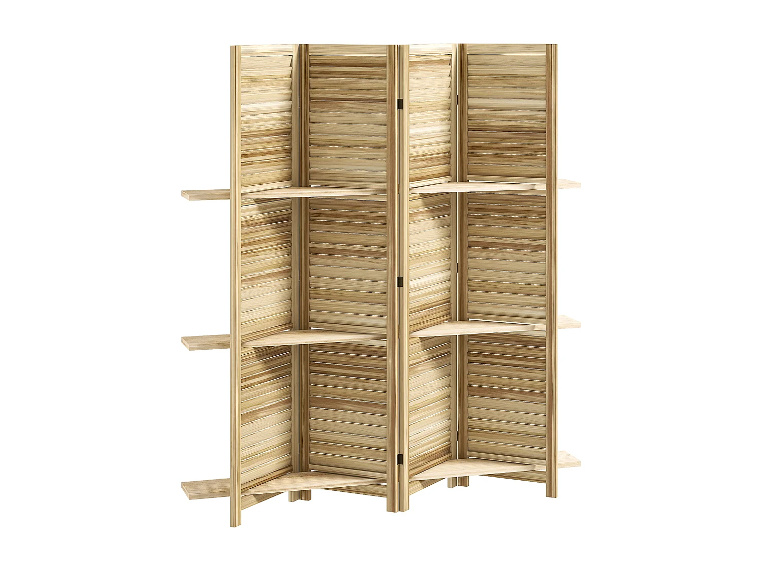 Paravent intérieur 4 panneaux 3 étagères pliables séparateur de pièce portes persiennes bois de paulownia autoclave