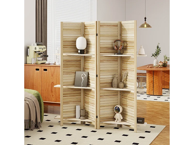 Paravent intérieur 4 panneaux 3 étagères pliables séparateur de pièce portes persiennes bois de paulownia autoclave