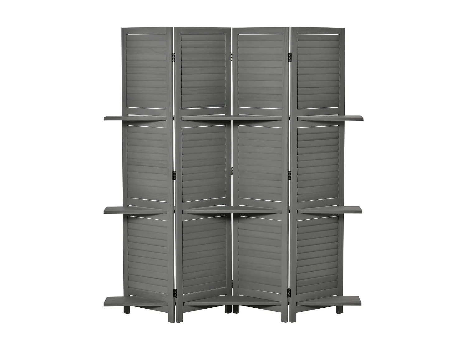 Paravent intérieur 4 panneaux 3 étagères pliables séparateur de pièce portes persiennes bois de paulownia gris